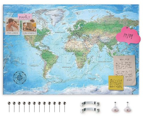 decomonkey 90x60 cm Politische Weltkarte Deutsch Pinnwand Leinwand Bilder Wandbilder Landkarte Welt Kontinente Reise Geographie