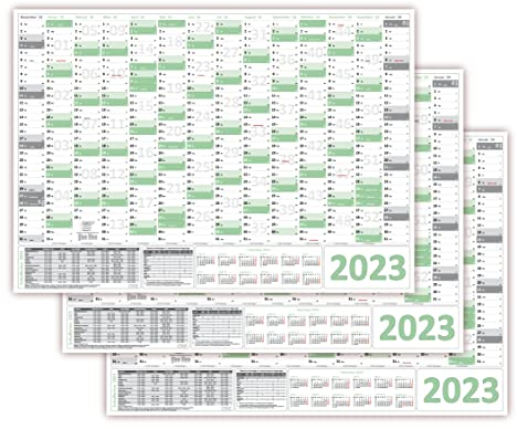 3 Stück Green Wandkalender/Wandplaner 2025 (gefaltet) DIN A2 Format (420 x 594 mm) 14 Monate, komplette Jahresvorschau Folgejahr und Ferientermine/Feiertage aller Bundesländer