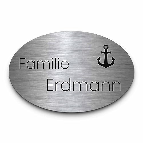 Ovales Edelstahl Tür Schild mit Anker & vielen anderen Motiven | Namensschilder Briefkastenschilder selbstklebend oder mit Bohrlöchern | Klingelschild mit Gravur | Türschilder für die Haustür