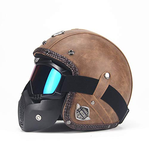 CARACHOME Casco Integrale Vintage Con Maschera di Protezione Amovibile, Bandit, Astronauta - Adatto per Bike Cruiser Scooter Touring Motocross Moto - Marrone, L
