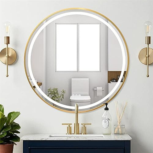 LUVODI Miroir Salle Bain LED Rond: Miroir Salle de Bain Dore 60 cm Lumineux avec Eclairage Integre Anti buee Miroir Mural à Suspendre avec Interrupteur Tactile Corde Réglable