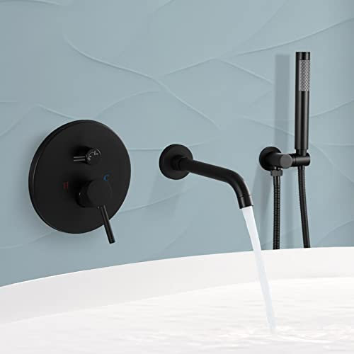 Airuida Wall Mounted Bathtub Faucet with Handheld Shower Single Handle Tub Filler Bathtub Faucet Tub Spout Fixtures Matte Black Solid Brass Bathroom Rough-in Valve