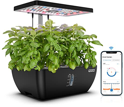 iDOO WiFi Hydroponisches Anzuchtsystem, 12Pods Smart Garden mit LED-Pflanzenlampe, 6,5L Wasserbehälter, Ventilator, Indoor Kräutergarten Kit, Höhenverstellbar