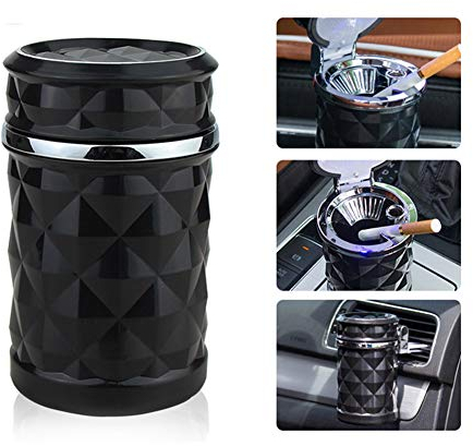 Q92DS - Portacenere per Auto a LED, con 2 Fibbie a Vento, con Coperchio, Portatile, Senza Fumo, Colore: Nero