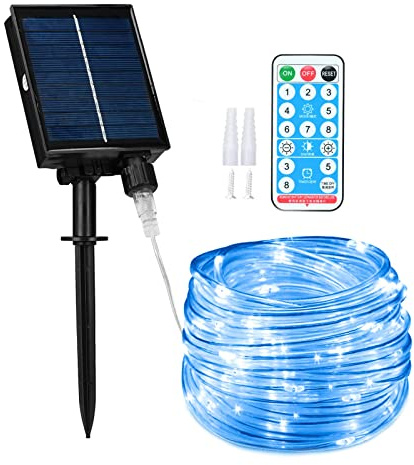 Lychee Solar Powered Outdoor Rope Light, 66ft 200LED 8 modalità IP65 impermeabile grande tubo alimentato, telecomando Timer luci stringa per la decorazione di Natale Holiday Party (Blu)