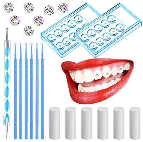 Boao 61 Pcs Tooth Gem Kit DIY Jewelry Dental Gems Reflective Teeth Diamonds Set Artificial Crystal Ornaments Jewel with Applicator Sticks Dot Drill Pen Cotton Sticks(White,Colorful,Blue)
