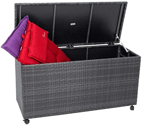 Gartenwelt Riegelsberger Aluminium Polyrattan Auflagenbox Grau wetterfeste und rostfreie Konstruktion 120x50x62,5 cm Kissenbox mit Gasdruckfedern ca. 380 Liter
