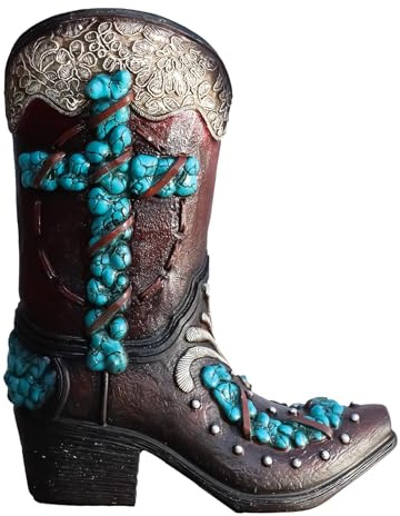 Ebros Rustic Western Country Turquoise Rocks Cross and Silver Scroll Art Brown Faux Tooled Leather Cowgirl Cowboy Boot Decorative Flower Bouquet Vase Or Planter Figurine 9.5 H Southwestern Accent