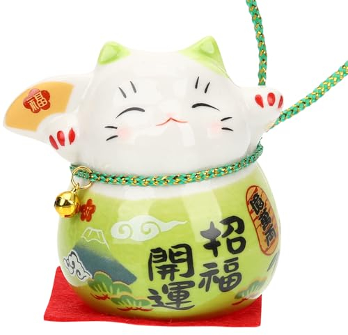 Beavorty Glückskatze Figur Keramik Winkekatze Figur Maneki Neko Glückliche Katze Feng Shui Deko Tierfigur Dekofigur Glücksbringer für Zuhause Auto Wohnzimmer Tischdeko Grün