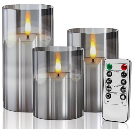 LED Kerzen 3 Stück, Realistische Flackernden Flammenlose Kerzen, Batterie Betriebene LED-Säule Kerzen mit Fernbedienung Timer, Festival, Parteien, Hauptdekoratione, Graue