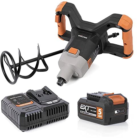 Evolution Power Tools R120MXR-LI (laddad) sladdlös padelblandare, bärbar, paddel ingår (perfekt för puts, färg, murbruk, cement) – batteri ingår