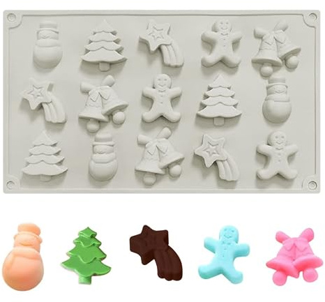 Christmas Chocolate Mould,1Pack 15-Cavity Xmas Silicone Mold Candy Mould, Xmas Tree Snowman Snowflake Bell Cookies Dessert Candy Jello Pastry Pudding for Party Cake Decorating Baking