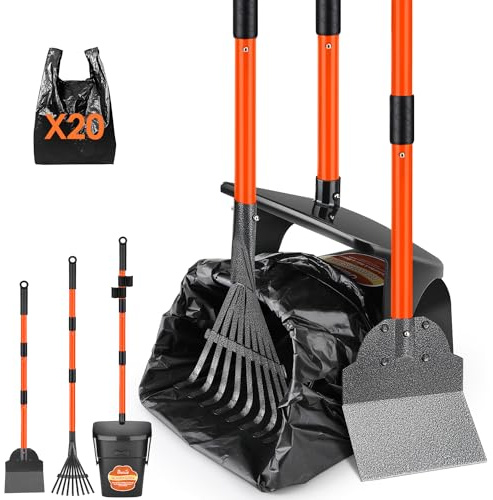SlowTon Dog Pooper Scooper - 37.4 Long Metal Handle Adjustable Rake & Spade & Swivel Bin with 20 Waste Bags, Portable Pooper Scooper for Gravel Lawn Grass, Suit for Small Medium Large Dog