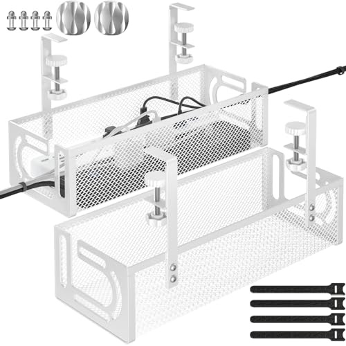 Kabel-Management-Tablett für den Schreibtisch, 39 cm, kein Bohren, Stahl-Schreibtisch-Kabel-Organizer, Drahtmanagement-Tablett, Kabelmanagement-Rack (2 Packungen, weiß)