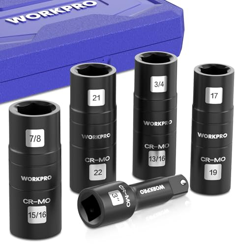 WORKPRO 5PCS Impact Socket Set 1/2 Drive, Lug Nut Socket Set, Wheel Socket Set Cr-Mo Steel, Includes 1PC 3 Extension Bar & 4PSC Flip Sockets of 6 Metric and SAE Sizes