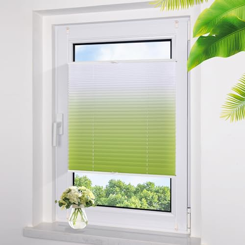 Grandekor Plissee ohne Bohren Farbverlauf Grün-Weiß 90x130cm, Plissees Klemmfix Sichtschutz und Sonnenschutz Blickdicht Faltrollo Lichtdurchlässig Rollos für Fenster ohne Bohren