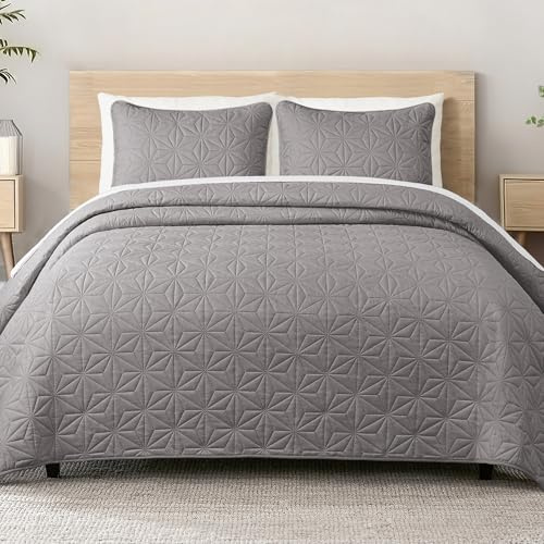 Whale Flotilla Colcha Bouti para Cama 260 x 280 cm, 3 Piezas | con 2 Fundas de Almohada, Colcha Suave y Ligera, con Diseño Geométrico, para 4 Estaciones, Gris Claro