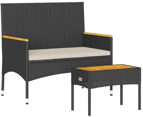 vidaXL Gartenbank 2-Sitzer, Parkbank mit Kissen Tisch, Sitzbank für Terrasse Garten Balkon, Gartenmöbel Balkonbank, Schwarz Poly Rattan