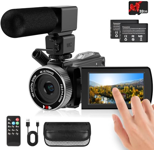 Rawiemy Videocamera con microfono HD 4K Videoregistratore Videocamera Vlogging per YouTube Videocamera per riprese con schermo touch da 3 pollici, zoom digitale 18X e scheda SD 32G