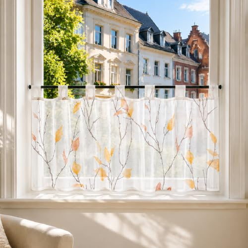 Joyswahl Voile Scheibengardinen Landhausstil Weiß Küchengardinen Transparent Bistrogardine mit Schlaufen Kurzstores mit Blatt- und Blumenmuster Orange HxB 60x140cm 1er Pack