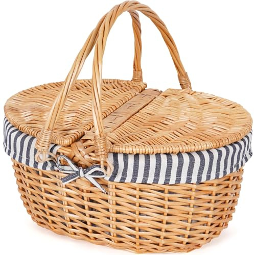Happypicnic Picknickkorb aus Weidengeflecht mit Griff, 38,1 cm großer, leerer Picknickkorb mit Deckel und herausnehmbarem Einsatz, handgewebter Vintage-Korb für Picknicks, Camping, Gemüsepflücken