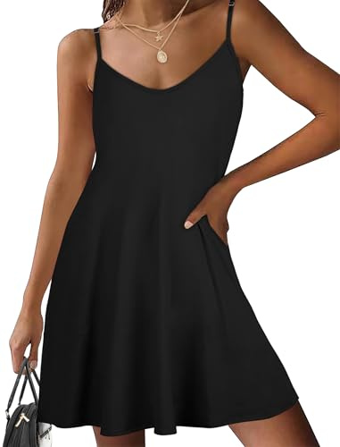 Robe d'été pour femme - Bretelles spaghetti - Robe de soleil décontractée sans manches - Robe de plage avec poches, Noir , S