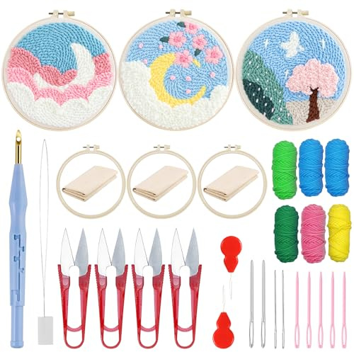 Woohome Stickerei Starter Kit Punch Needle Kit mit Stickrahmen, Stanznadeltuch, Garn, Punch Needle für Handwerk Stitching (Mond und Bäume)