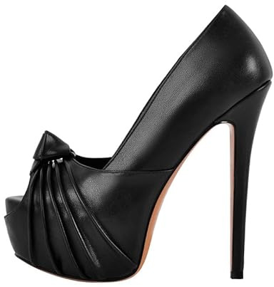 Meinabsatz Peeptoe High Heels Damen Plateau Pumps Pfennigabsatz mit Knoten Abendschuh Partyschuh PU Schwarz 46 EU