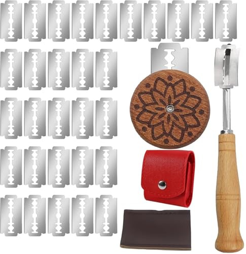 34 Stückset Brot Ritzmesser Zum Einschneiden Brotmesser Ritzmesser Lilienmuster ,Bäckermesser, Brot Einschneidemesser Scharf Und Langlebig, Leder Schutzhülle 2+30 Klingen+2 Davon Teigmesser Brot