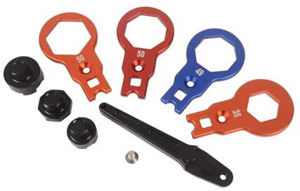 Kit chiave per forcella moto - 4 misure (35/49/50 mm) e 3 manicotti, utensile in alluminio antigraffio per riparazione sospensioni, compatibile con WP KYB SHOWA