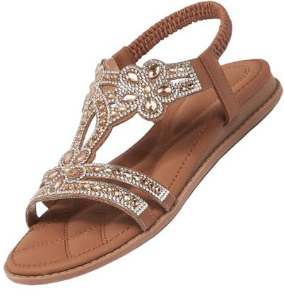 Sandalen Damen Sommer Elegant Flache - Sandaletten Mit Strass Böhmischer Strandsandalen T-Riemen Weichen Sohlen Sommerschuhe Glitzer Flip Flops Gummiband Slingback Sandals Mädchen Strandschuhe