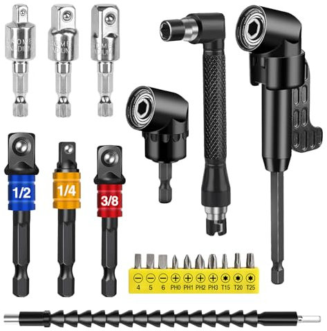 HOMIKLSA 20 Stück 105°Winkelschrauber aufsatz Set, Winkelaufsatz mit Verlängerung, Winkelaufsatz für Akkuschrauber, Biegsame Welle Bohrmaschine für Elektrische Winkelbohrer