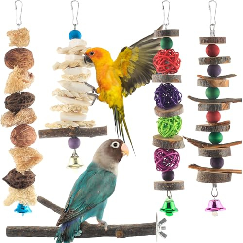 Werwing Vogel-Sitzstange & Kauspielzeug aus Naturholz, 5 Packungen Hängekäfigzubehör für Sittiche, Nymphensittiche, Sittiche, Sittiche, Wellensittiche und kleine Vögel