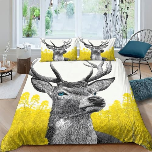 kaiyun Magnifique cerf 3D Parure De Lit, 3 Pièces Housse De Couette Microfibre Ensemble De Literie Champ de Colza Jaune Imprimé Taies d'oreiller, pour Adultes Et Enfants King（220x240cm）