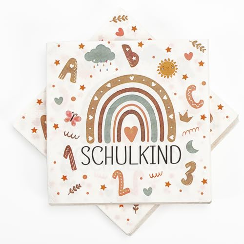 40 Stück Servietten Einschulung Servietten 2026 Schulanfang Deko Regenbogen | Hohe Qualität 33 x 33cm Schulkind Tischdeko Party Feiern Deko Vintage
