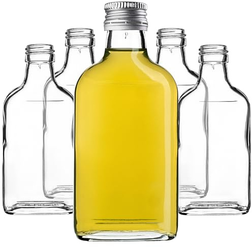 KADAX Lot de 5 gourdes Plates en Verre 200ml – Petites fioles à Bouchon vissant pour liqueurs, alcools & décorations