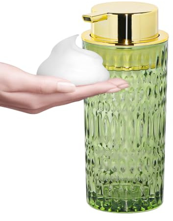 Tonxus Foaming Soap Dispenser, Glass Foam Hand Soap Dispenser for Bathroom and Kitchen Decor, 14 Oz Refillable Foaming Pump Bottle Container with Gold Pump, Green