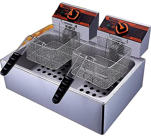 MJMLUCK Friggitrice elettrica Commerciale, Doppia Vasca in Acciaio Inox con 2 cestelli, 12,68 QT, da banco, con Controllo della Temperatura, per Cucina di casa e Ristorante