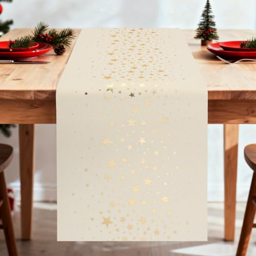 Weihnachten Tischläufer Sterne, 275 x 28 cm Gold Sterne Motiv Läufer Weihnachts Tischdeko, Natur Beige Creme Weihnachts Tischband für Winter Adventszeit Weihnachtstisch Festliche Dekoration