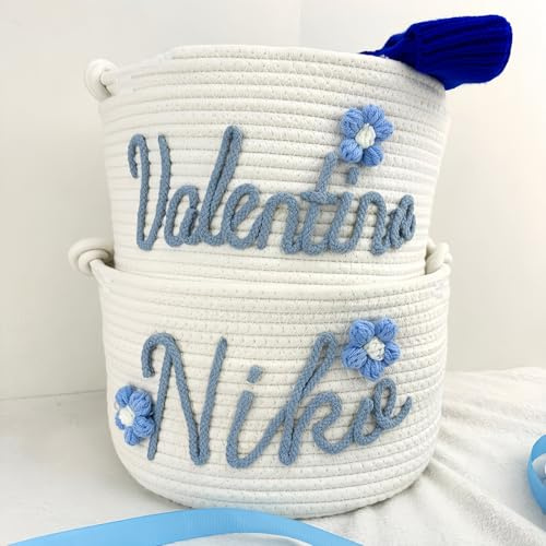 Cestino Intrecciato In Corda Di Cotone Personalizzato Con Nome per Neonato, Regalo Personalizzato per Battesimo Neonato, Contenitore per Pannolini, Contenitore Portaoggetti per Neonati(24cm x 18cm)