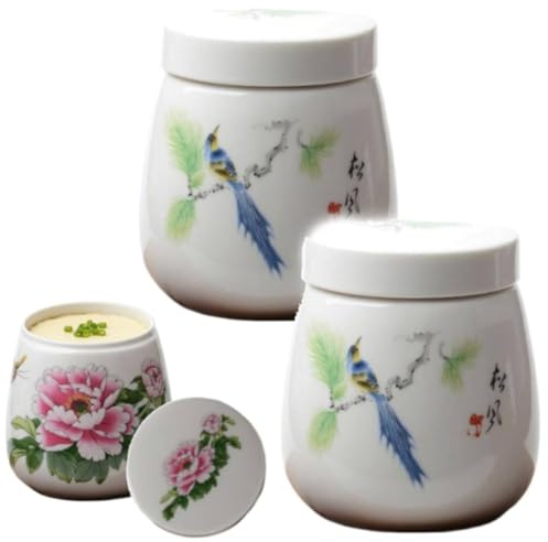 Coddled Eierbecher, 2-teiliges Eierkocher-Set mit Deckel, Vintage-Stil, Keramik-Kocheier, 220 ml Porzellan, gedämpfte Eierschale, Retro-Chawanmushi-Dessertgeschirr für den täglichen Gebrauch (F)