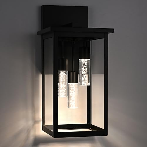 MELUCEE 3-Light 16.5 Inch Large Outdoor Wall Sconce, 5 Color Dimmable LED Black Wall Lantern Porch Light for House Outside Wall Light Fixture with Crystal Bubble Column for Garage Patio