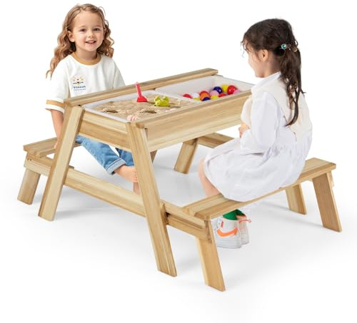 DREAMADE 2 in 1 Kindersitzgruppe aus Massivholz, Outdoor Picknicktisch Kinder mit abnehmbarem Deckel, 2 Sandboxen & 2 Bänken, Sand- und Wasserspieltisch, Kinder Gartenmöbel für Outdoor & Indoor
