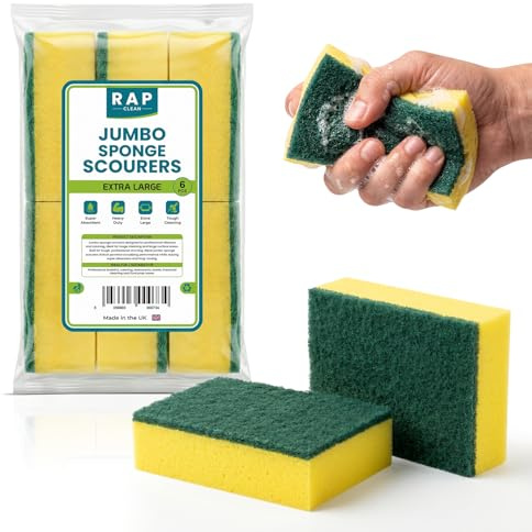 6 Jumbo Sponge Scourers Heavy Duty Washing Up Kitchen Dishwashing Sponge | Abrasive scouring pad bonded to a foam core, multi purpose for pans, worktops, sinks, bathrooms and general home cleaning