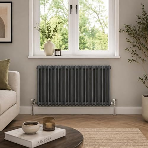 Radiator Hub Aura 2 Column Radiator 600 x 1190mm, Horizontal Cast Iron Style Mild Steel Central Heating Radiator, Wall Mounted, Anthracite Grey, 3870 BTU