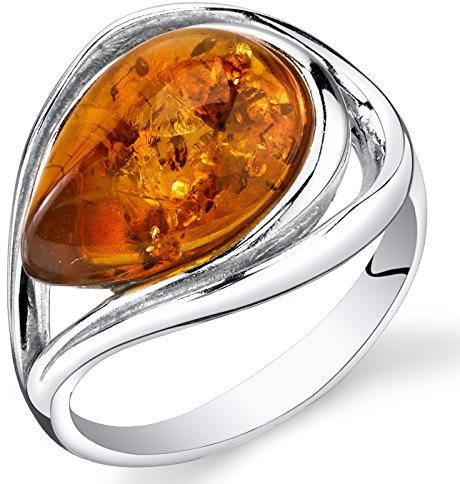 PEORA Genuine Baltic Amber Teardrop Statement Ring for Women in Sterling Silver, Rich Cognac Color, Open Halo Swirl Design, Comfort Fit, Size 6, Real Baltic Amber Ring for Adults, w/Jewelry Box