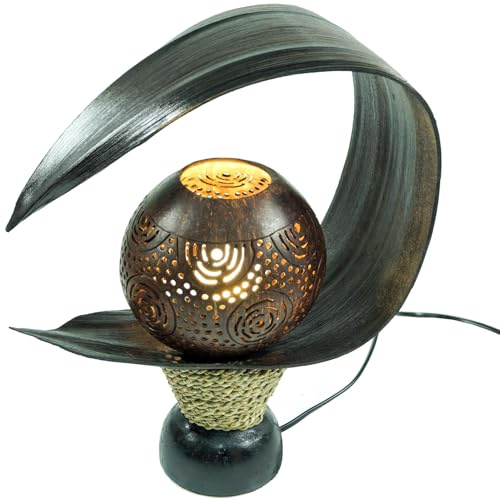 Guru-Shop Lampe de Table Feuilles de Palmier / Lampe de Table, à la Main Bali à Partir de Matériaux Naturels, Bois de Palmier Sculpture Modèle Palmera, Brun, 32x30x16 cm
