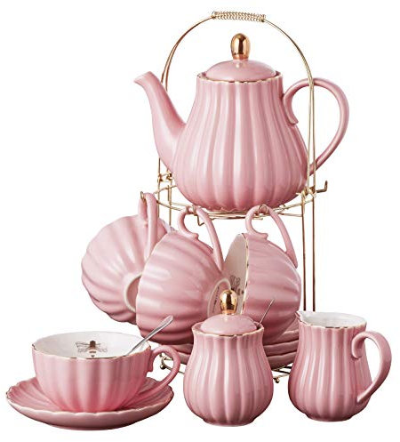 Jusalpha Fine China Pink Coffee Cup/Teacup Set, 8 OZ Cups& Saucer Set for 4, with Teapot-Sugar Bowl-Cream Pitcher Spoons, Tea Strainer and Tea Cup Holder (Pink, Serve of 4)