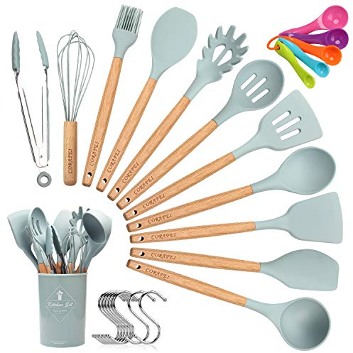 Corafei Kochbesteck 27 Stücke Küchenutensilien silikon, Antihaftes Hitzebeständiges Küchenhelfer Set mit Holzgriff, Aufbewahrungsbehälter, Messlöffel Set, 10 S-Haken