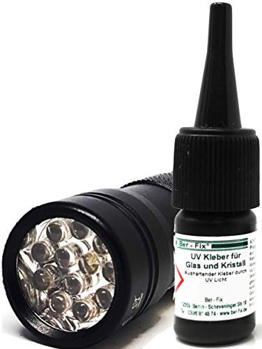 Ber-Fix Colla UV con set di lampadine, colla per vetro e metallo, 3 g, bassa viscosità + 12 torcia LED UV 405 nm